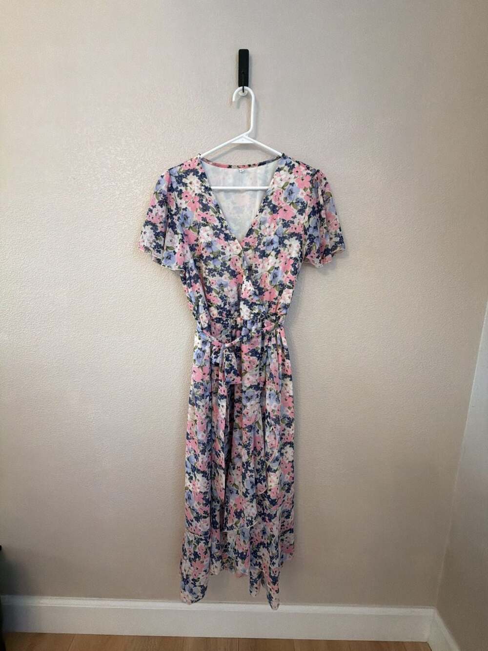Floral Print Flutter Sleeve Wrap Midi Dress